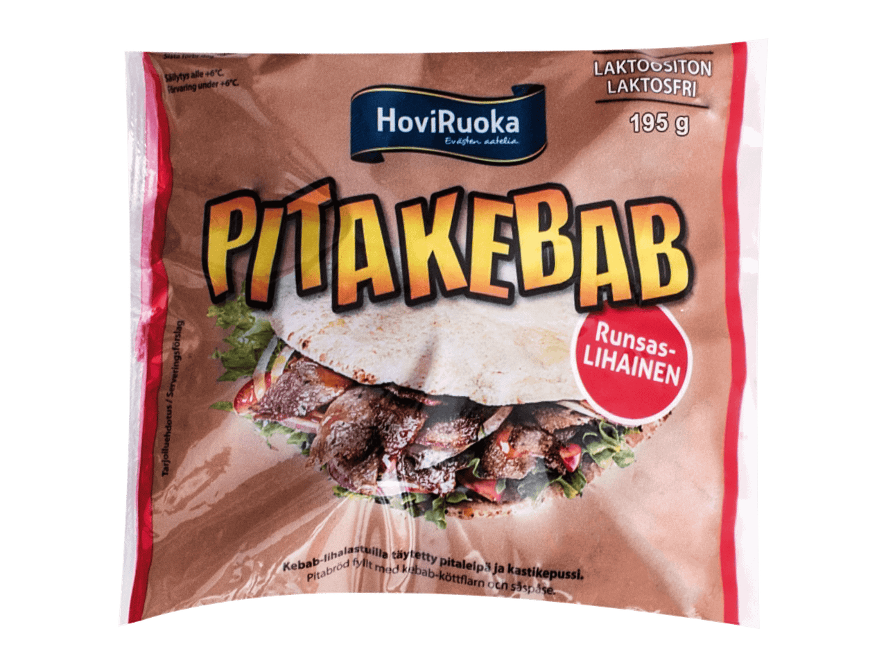 Pitakebab-pakkaus, jossa on kuva pitaleivästä kebablihalla ja salaatilla. Teksti: Laktoositon, 195 g, Runsaslihainen.