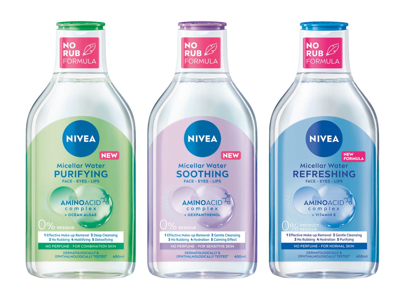 Trei sticle de apă micelară Nivea: purificatoare, calmantă și răcoritoare.