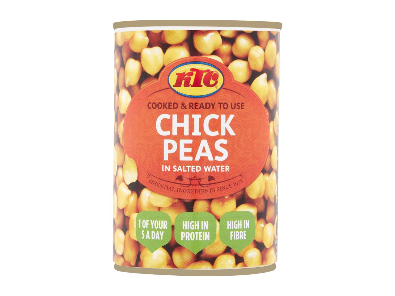 A can of cooked chickpeas in salted water, high in protein and fibre.