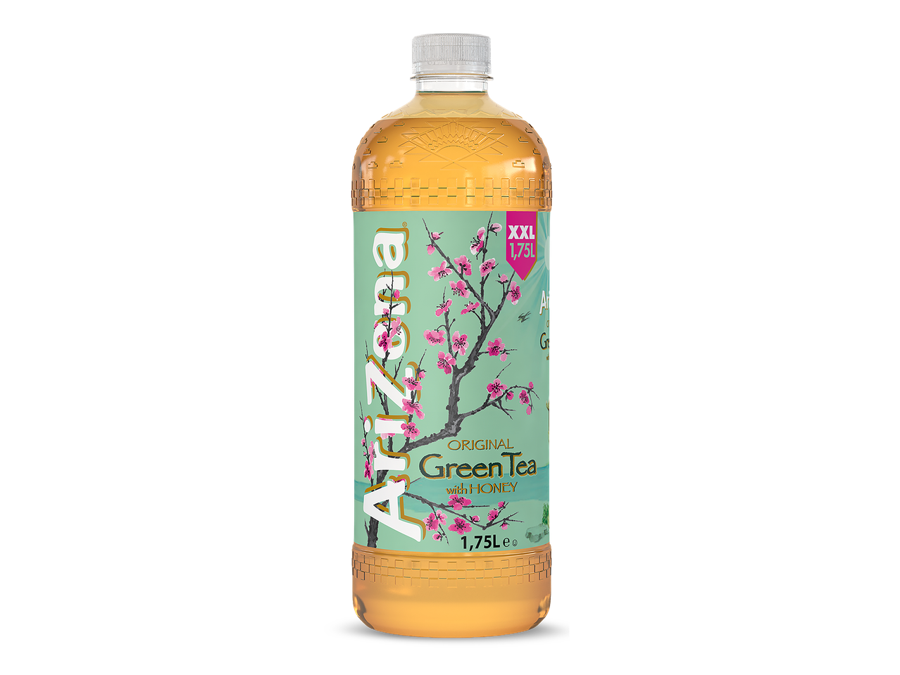 Fles groene thee met honing, met een kersenbloesemtak en de tekst 'XXL 1,75L'.