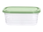 Clear rectangular food storage container with a light green lid