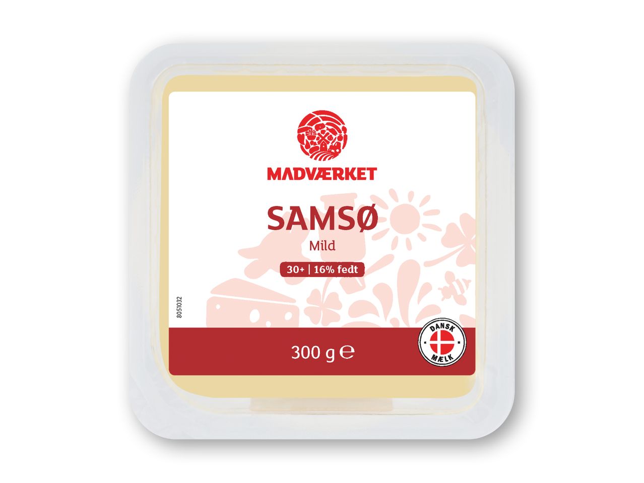 En pakke Samsø ost fra Madværket, mærket som mild med 16% fedt og 300g.