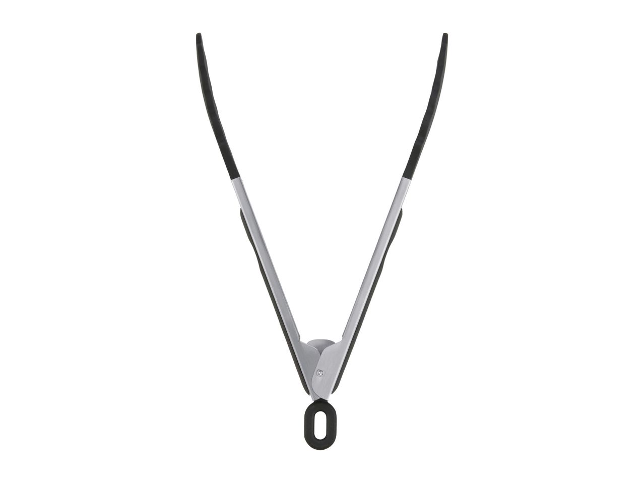 Silver tongs with black handles and a ring at the base.