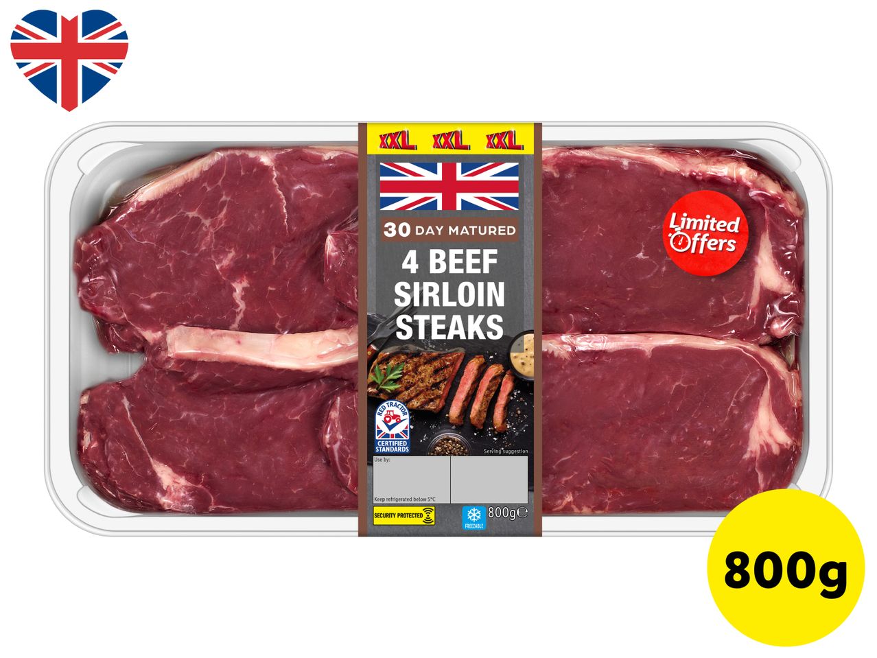 Four 30-day matured beef sirloin steaks, 800g pack.