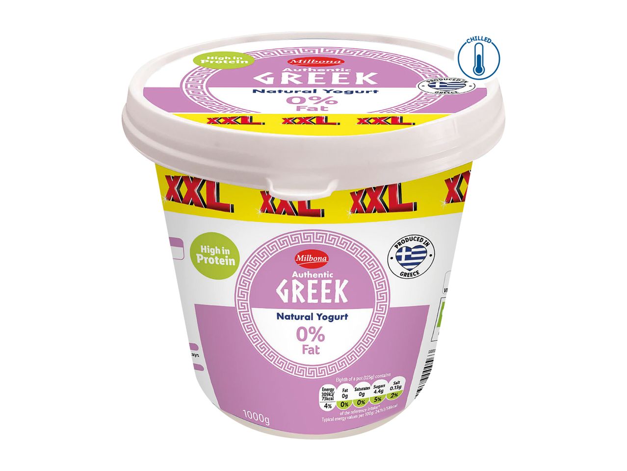 Milbona Authentic Greek Natural Yogurt 0% Fat, 1000g tub, high in protein.