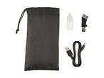 A black carrying pouch, USB cable, HDMI adapter, and small bottle are shown.