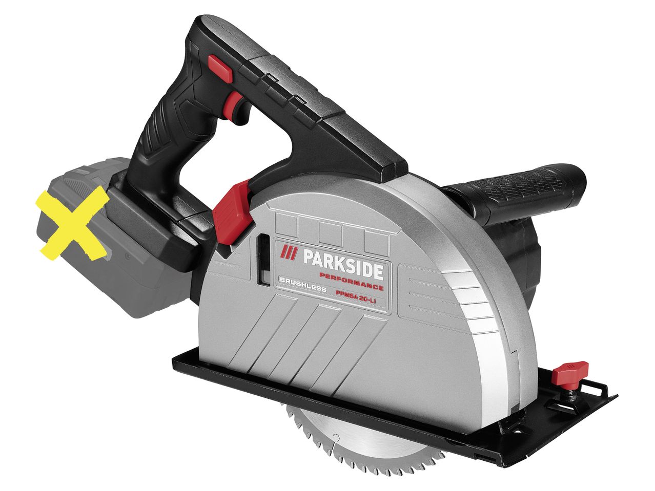 Cordless circular saw with a cross on battery pack, featuring a black and silver design with red accents.