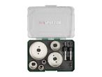 Open case with a set of diamond hole saws and accessories for drilling.