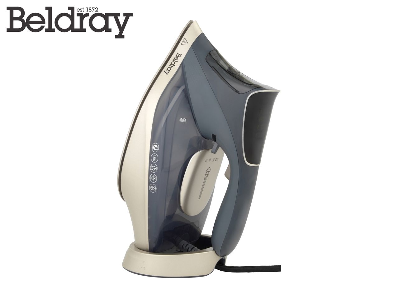 Cordless steam iron in grey and cream, standing on its charging base.