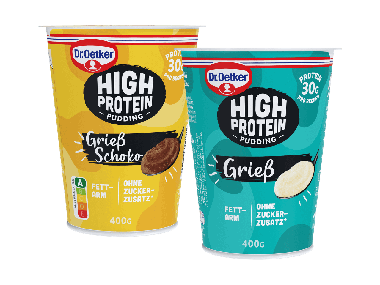 Zwei Dr. Oetker High Protein Pudding-Becher (Grieß Schoko und Grieß) mit 30g Protein pro Becher.
