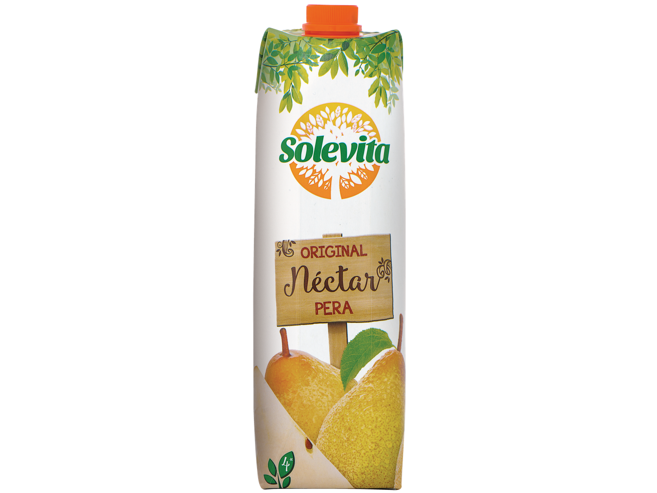 Cartão de Néctar de Pera Original Solevita com design vibrante de folhas verdes e peras frescas.