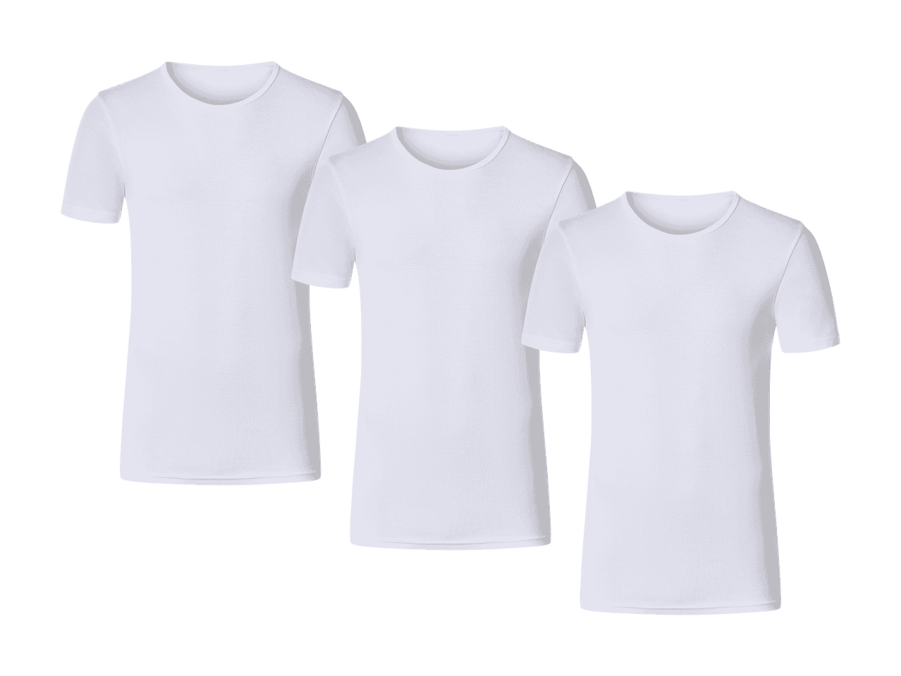 Tre hvide, kortærmede T-shirts med rund hals.