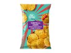 A bag of tortilla chips with sweet Indian style curry flavour, featuring a bowl of curry powder and chili.