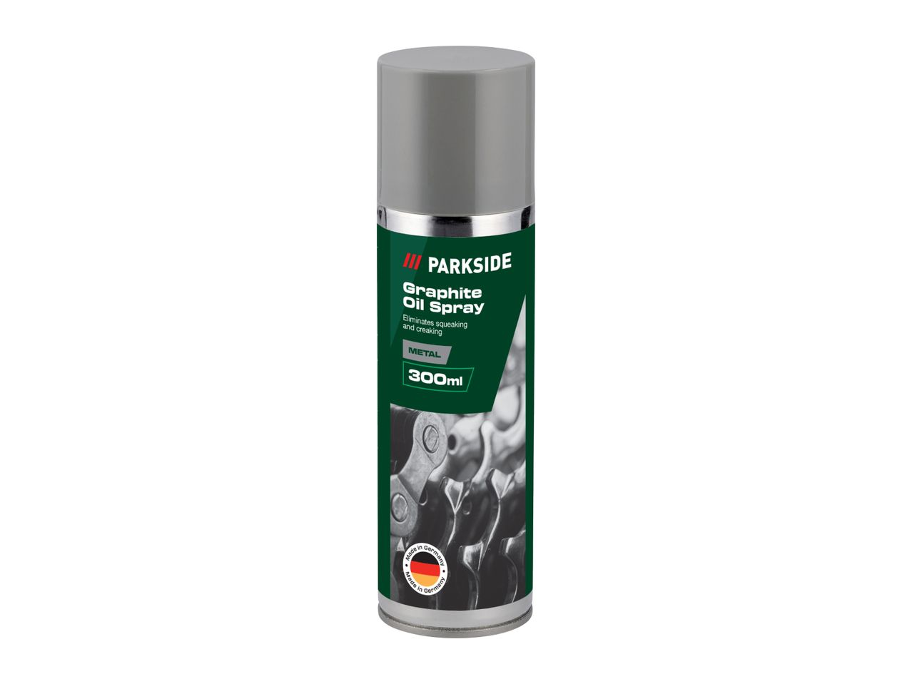 Parkside Graphite Oil Spray (300ml) eliminates squeaking and creaking in metal.