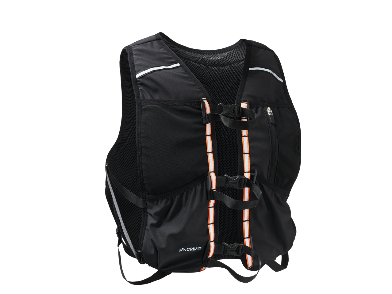 Black running vest with reflective stripes and orange accents