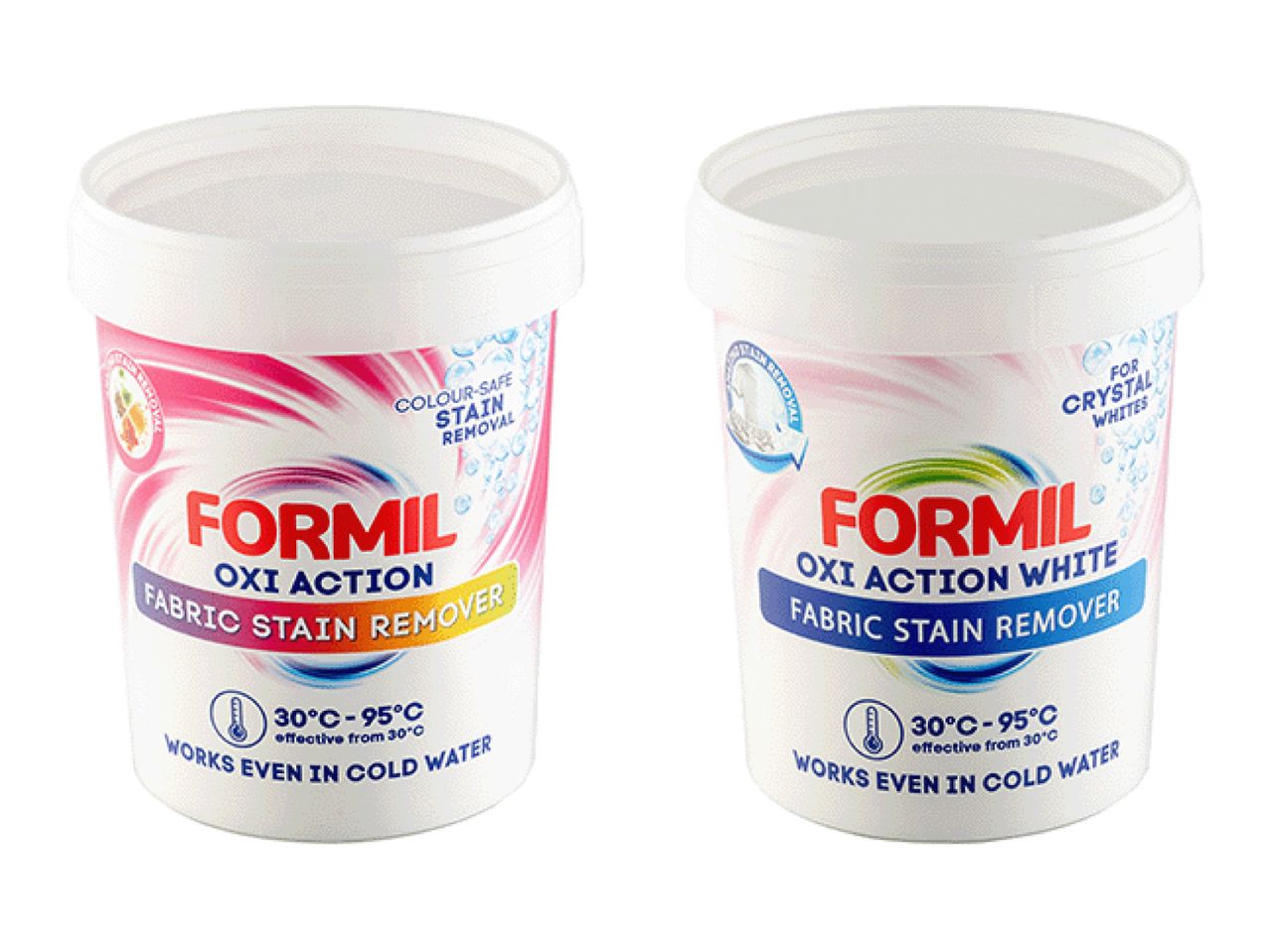 Two tubs of fabric stain remover, one for colours and one for whites.