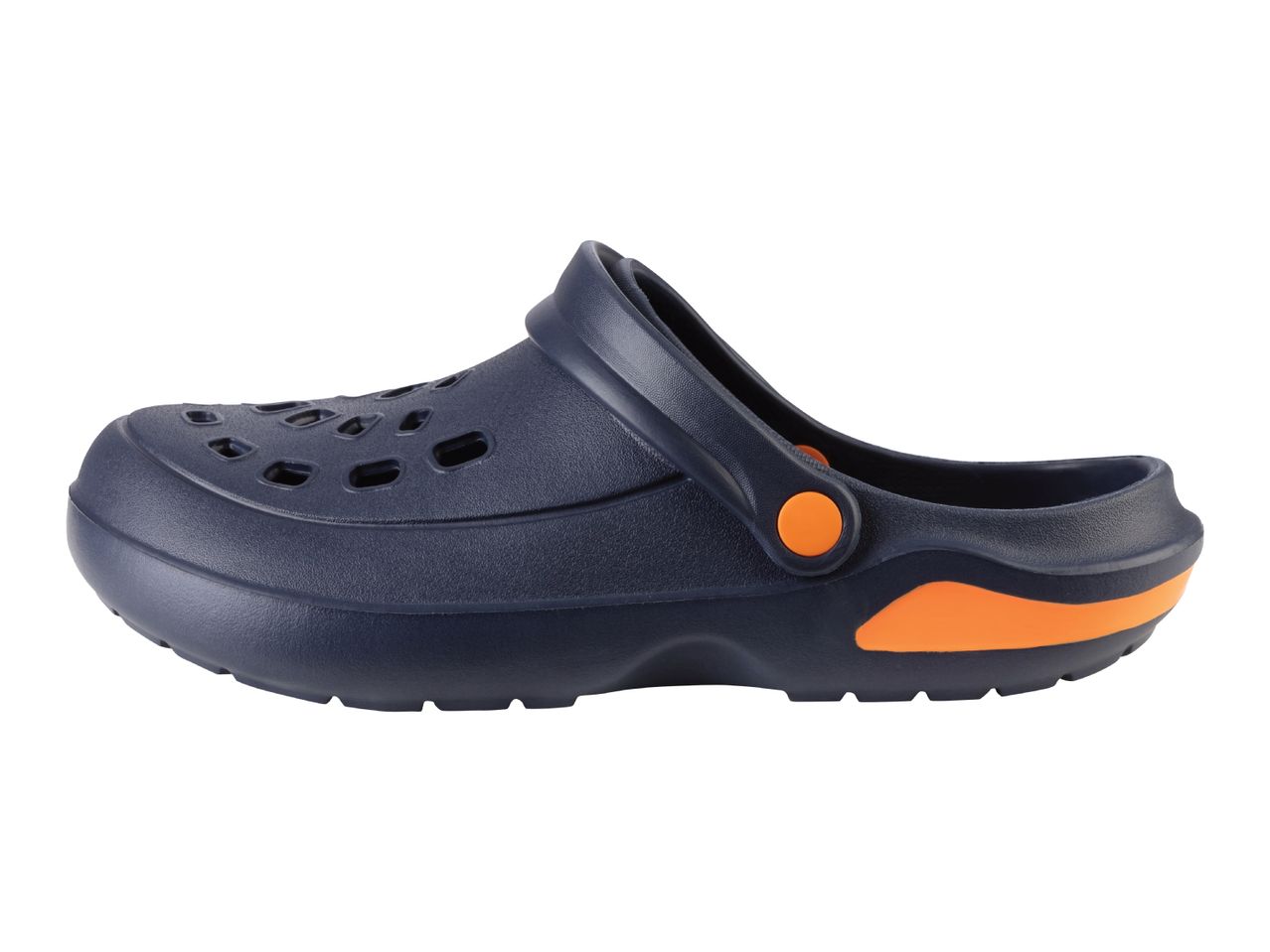 Navy blue and orange children's clogs.