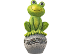 Estatueta de jardim LIVARNO: sapo verde sorridente sentado numa base de pedra.