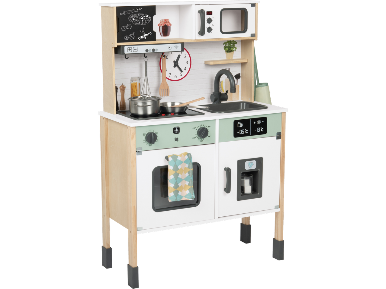 A wooden toy kitchen with a microwave, sink, stove, oven, and refrigerator with ice dispenser.