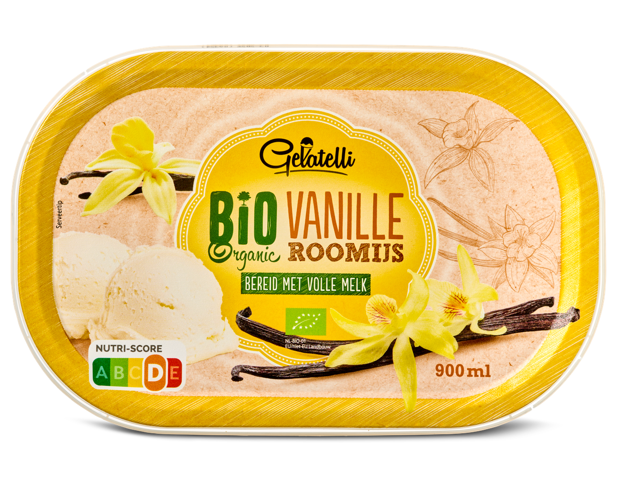 Gelatelli Bio Vanille: biologisch vanille-ijs, 900ml.