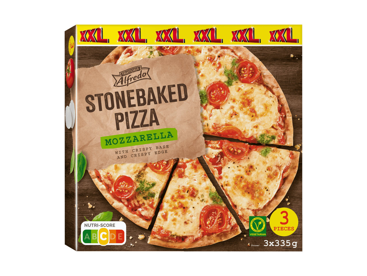 Paquet de pizza surgelée à la mozzarella, base et bords croustillants, 3 pièces de 335g.