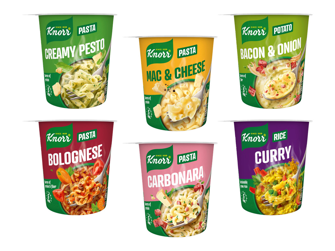 Kuusi erilaista valmispasta-ateriaa, kuten makaronia ja juustoa, sekä kasvis- ja curry-versioita.