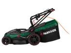Parkside 1800W Electric Lawnmower with grass collection bag, side view.