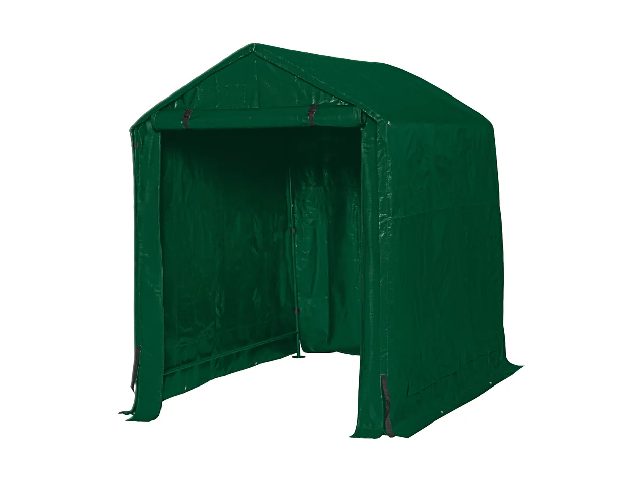 Green outdoor storage shed with a peaked roof and open front