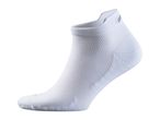 White ankle sock with textured knit patterns and a small grey logo on the cuff