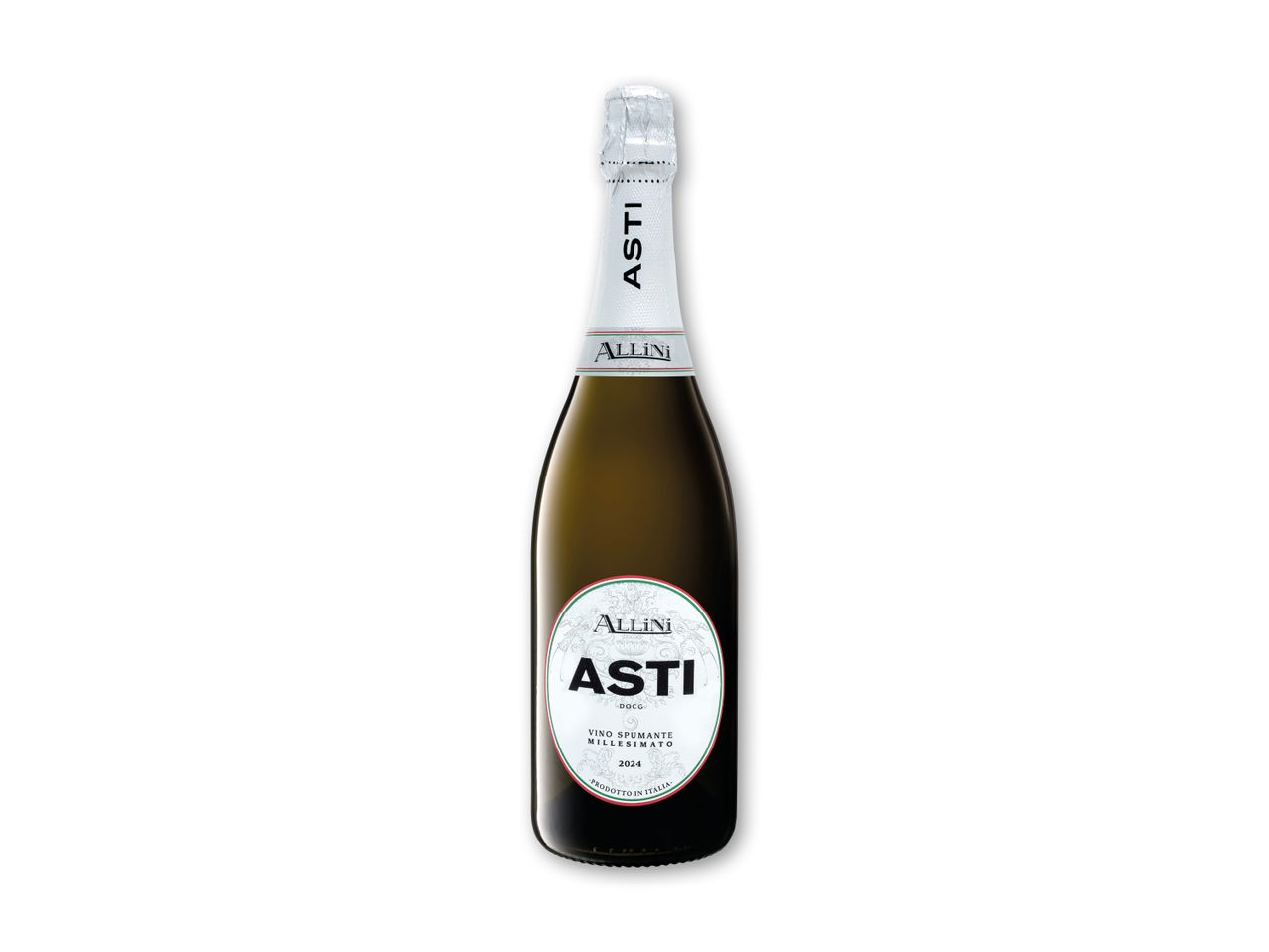 Flaske mousserende vin med hvid etiket, der angiver 'Asti DOCG Vino Spumante Millesimato 2024'.