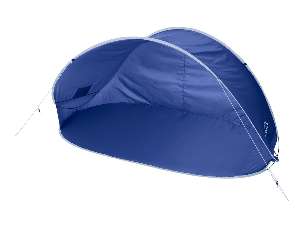 Blue beach shelter with a light grey trim and support poles, designed for sun protection.