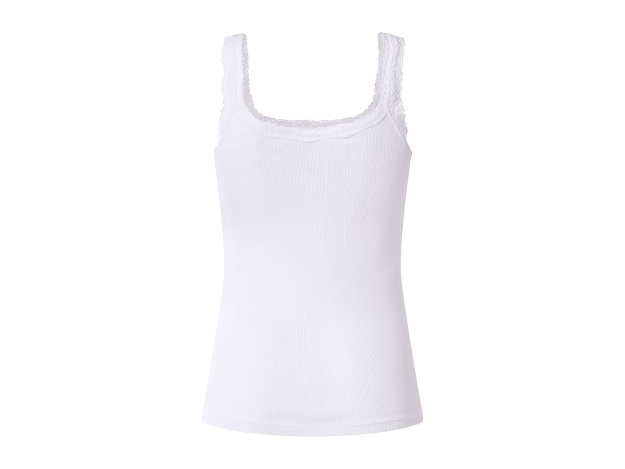 White ribbed women's camisole with lace trim on the neckline and straps.
