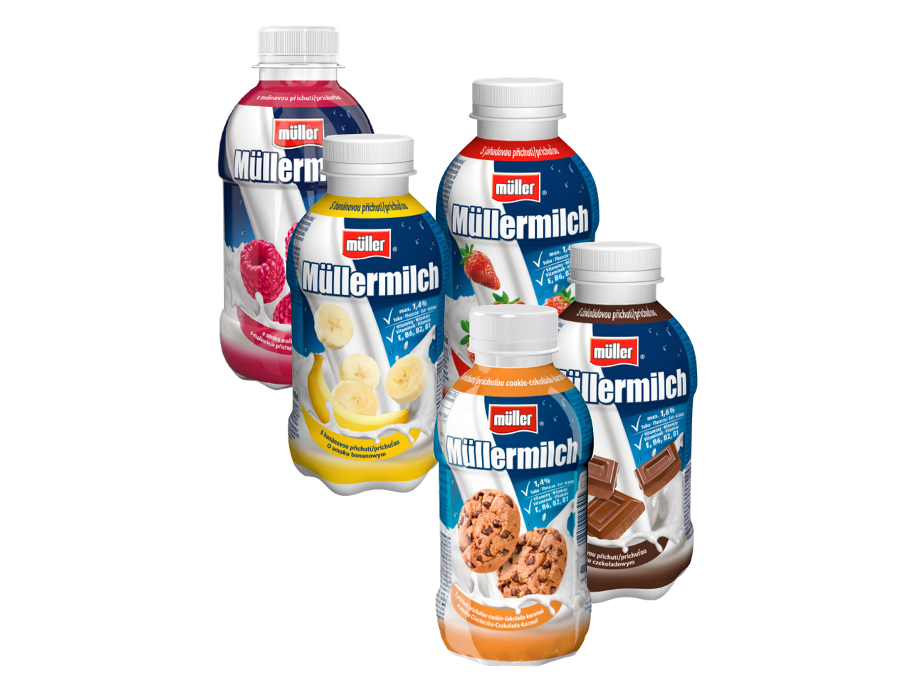 Müller Milch dzērieni ar aveņu, banānu, zemeņu, cepumu-šokolādes un šokolādes garšu.