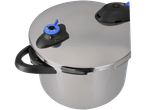 Oală sub presiune SILVERCREST din oțel inoxidabil cu mâner negru și supapă albastră.