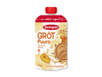 Grød i klempose med pære, abrikos og banan, beriget med jern, uden tilsat sukker.