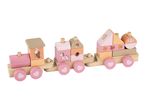 Wooden toy train with animal and nature-themed blocks in pink, orange, and beige.