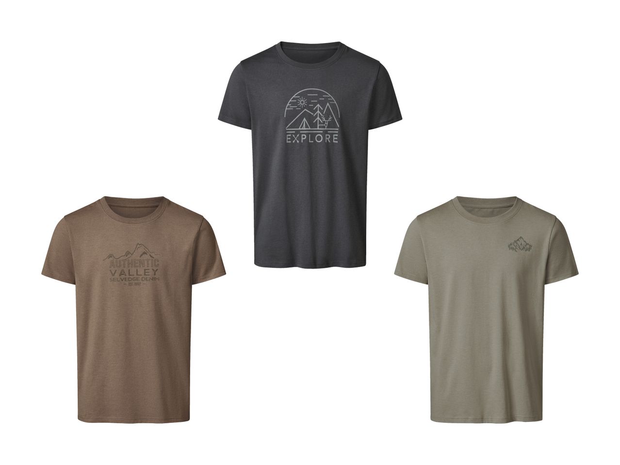Tre T-shirts med bjerg- og naturinspirerede designs.