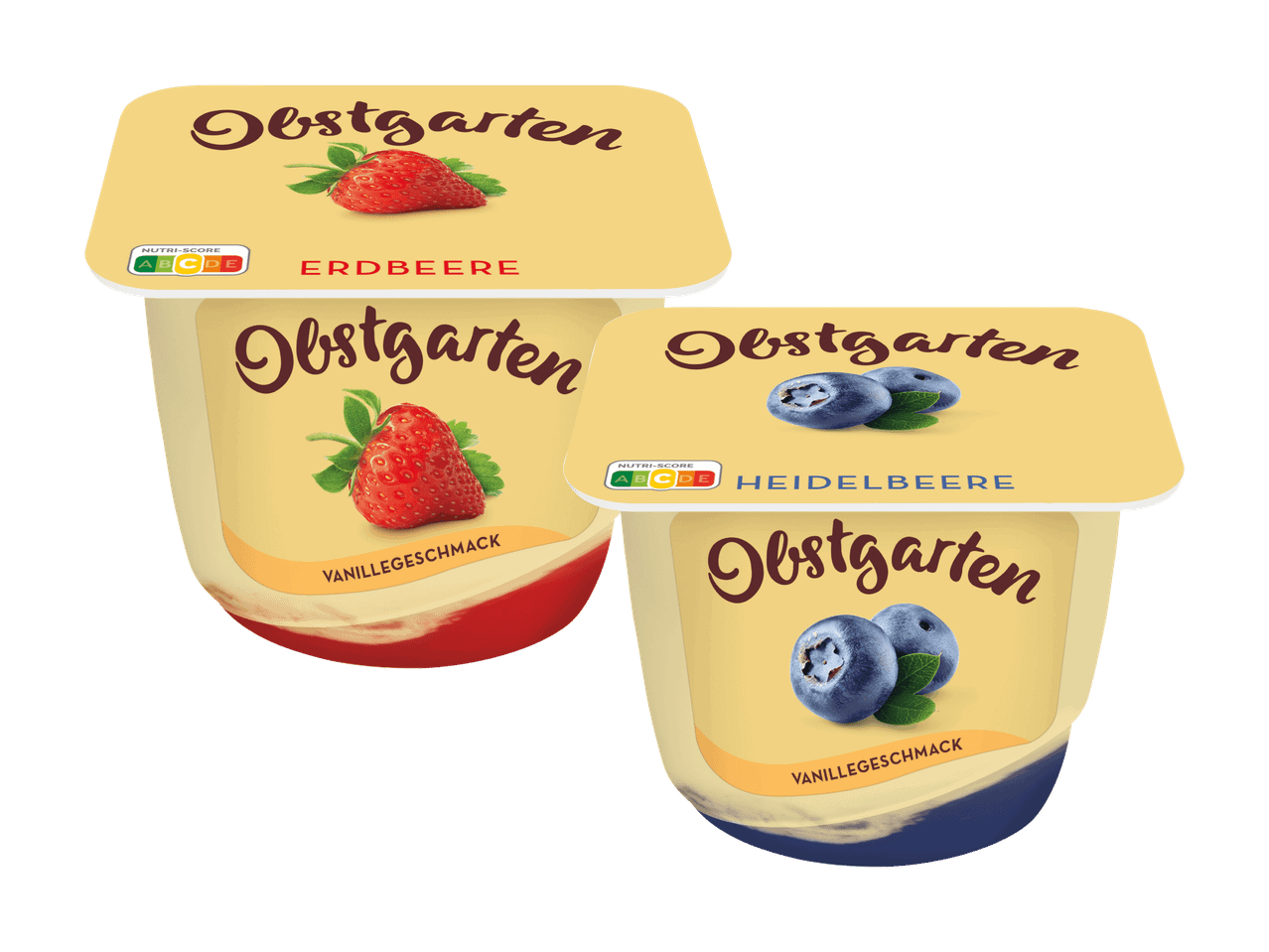 Zwei Obstgarten-Joghurtbecher, Erdbeere und Heidelbeere, mit Vanillegeschmack.
