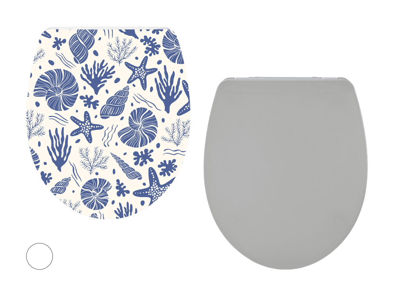 Abattant de toilettes avec motif coquillages et étoiles de mer, à côté d'un abattant gris uni.