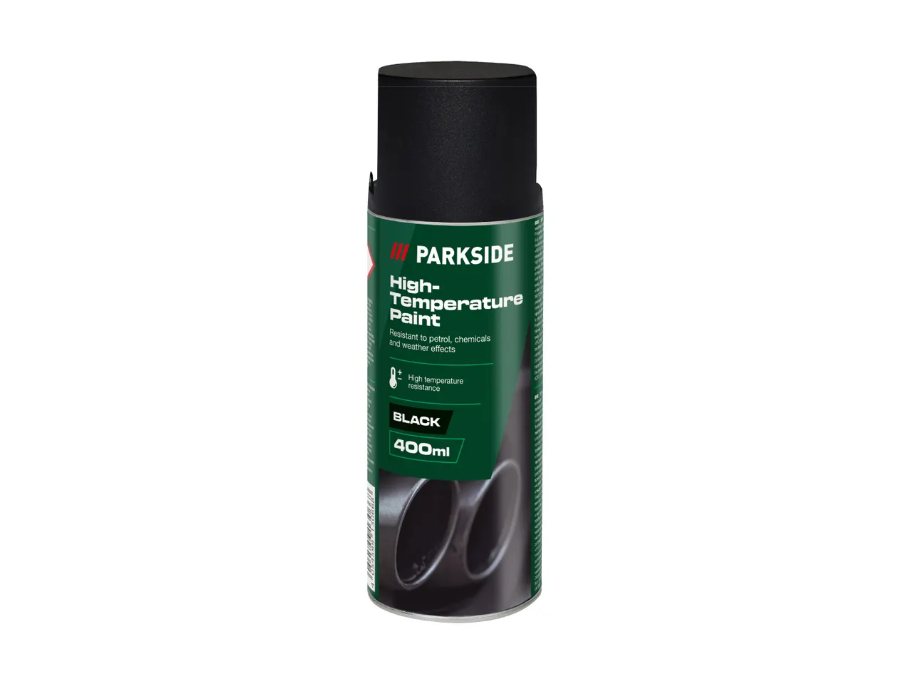 Black high-temperature paint spray can, resistant to petrol, chemicals, and weather effects, 400ml.