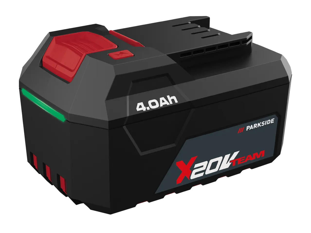 Черна батерия за електроинструменти с червени акценти и зелен индикатор за зареждане, 4.0Ah.