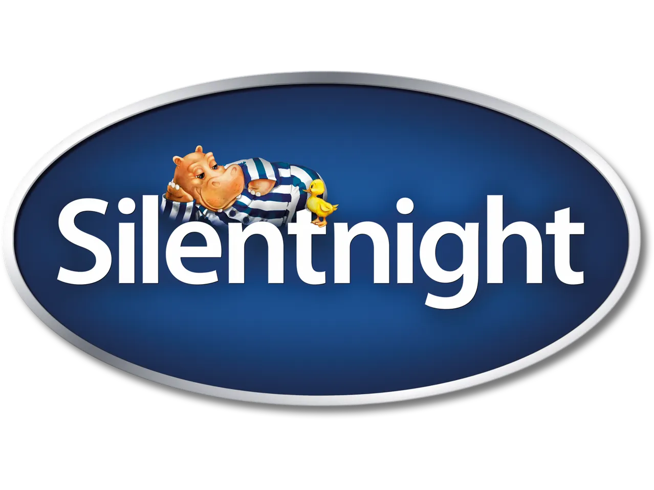 Silentnight logo with a sleeping hippo and duck on a blue oval background.