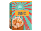 Doos limonade met passievrucht- en ananassmaak, met een glas van de drank.