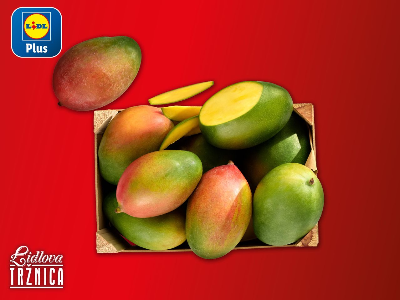 Mango u drvenoj kutiji s logotipom Lidl Plus i natpisom Lidlova tržnica.