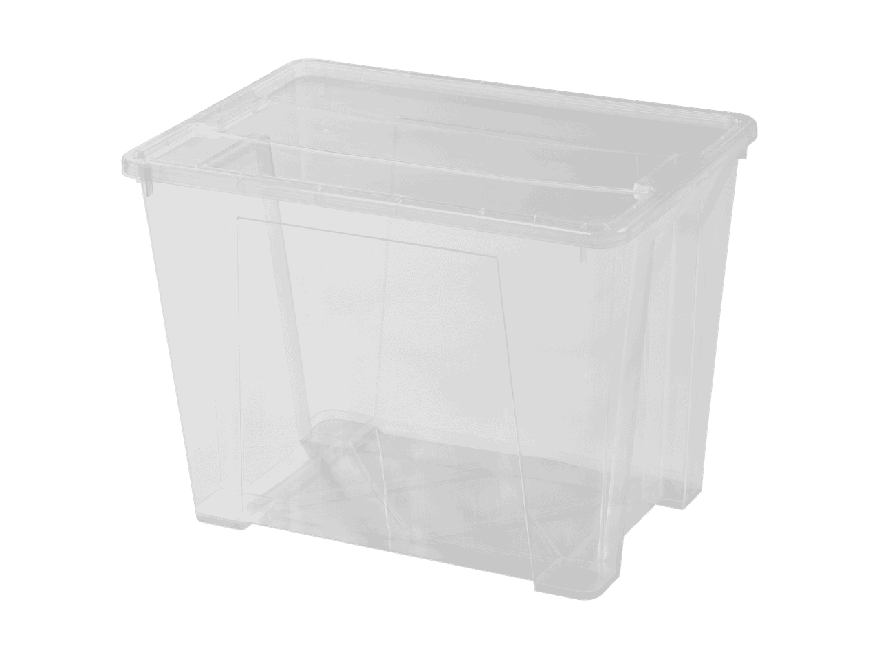 Transparente Kunststoffbox mit Deckel auf schwarzem Hintergrund.