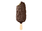 Gelado de pau com cobertura de chocolate e pedaços, com uma dentada.