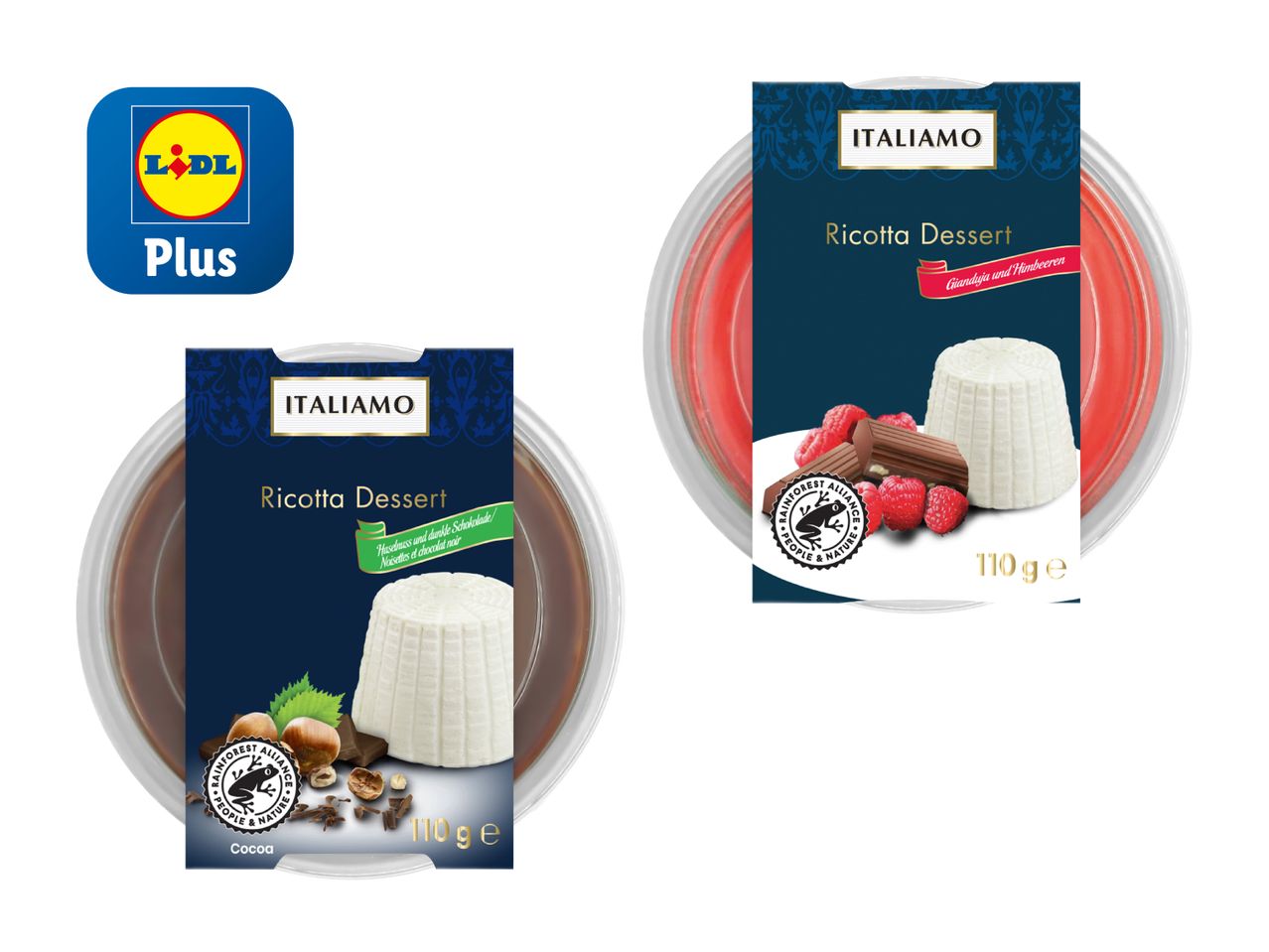 Zwei Lidl Plus Dessertformen, eine für Schokoladen- und eine für Frucht-Panna Cotta.