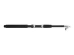 Black telescopic fishing rod with silver accents and line guides
