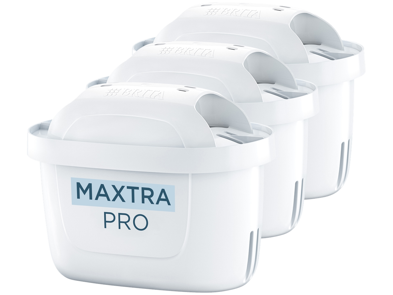 Three Brita Maxtra Pro water filter cartridges in white, angled diagonally.