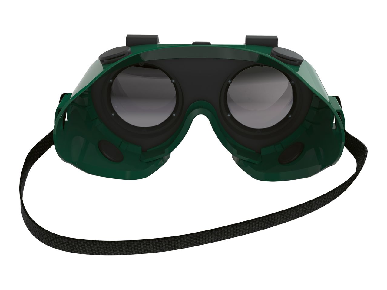 Green safety glasses with a black headband.
